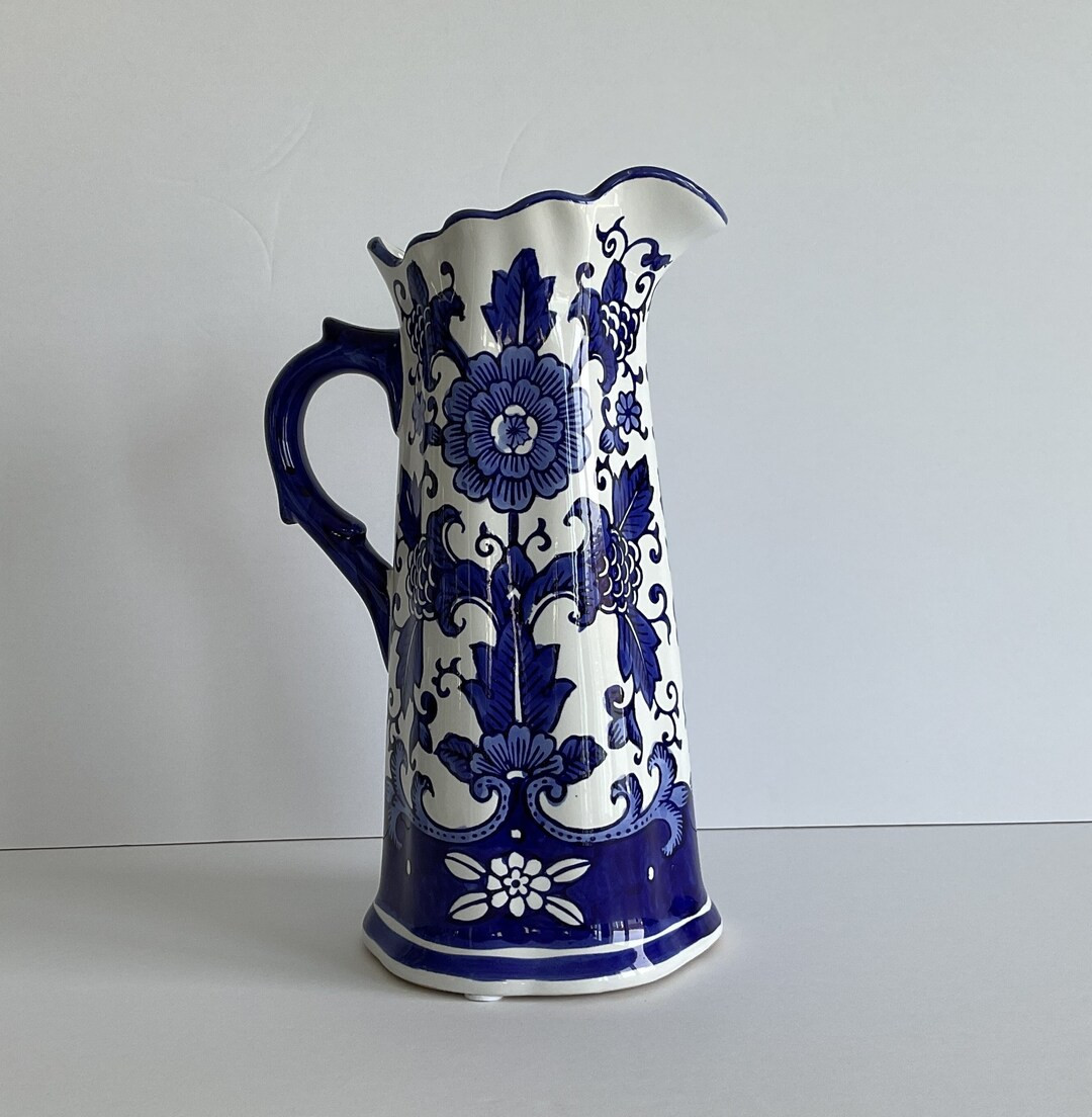 Chinoiserie Pitcher Ceramic Blue & White Floral Vase 12” HT Decorative Jug - Etsy | Etsy (US)