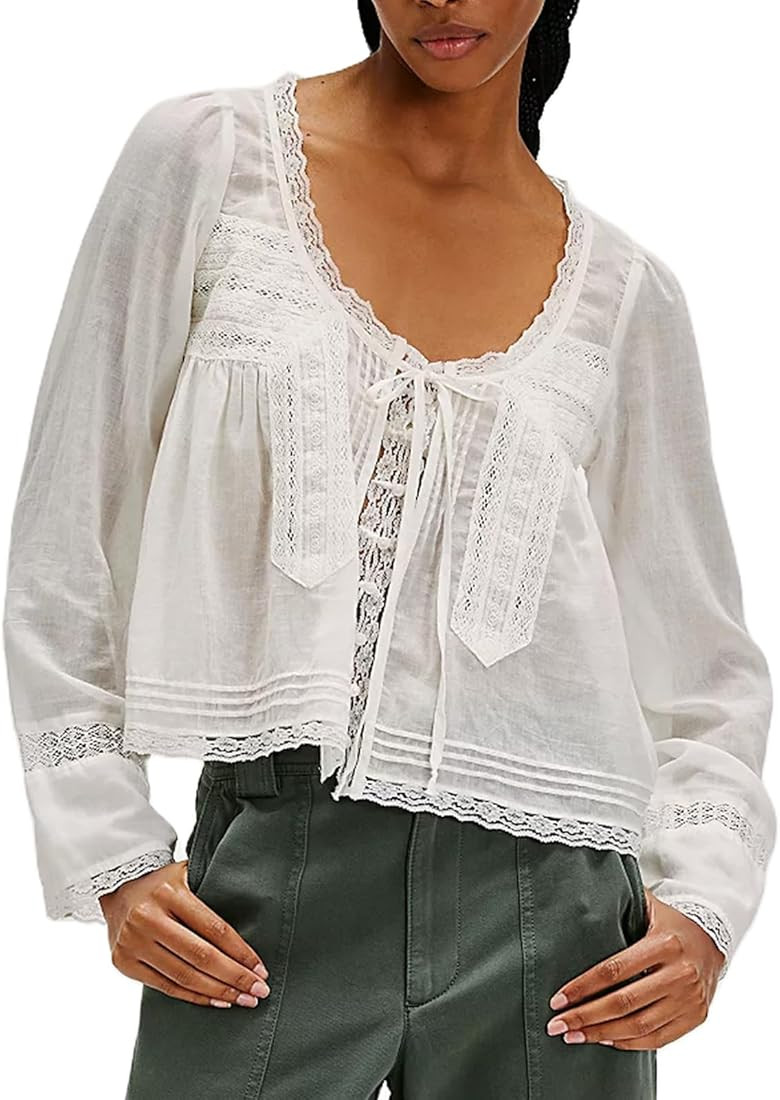 Women Y2k Long Sleeve Shirts Ruffles Lace Trim Sheer Mesh See Through Round Neck Going Out Tank T... | Amazon (US)