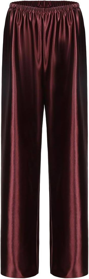 Women Satin Wide Leg Dress Pants Silk Casual Dressy Long Flowy Pants Elastic High Waisted Trousers | Amazon (US)
