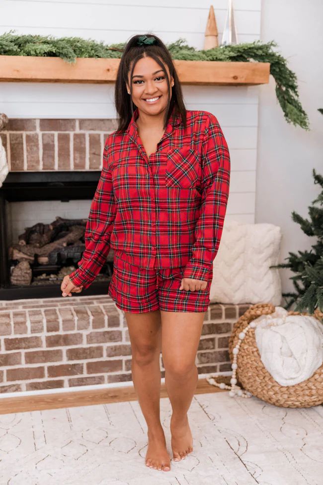 Midnight Miracles Red Button Front Plaid Lounge Top | The Pink Lily Boutique