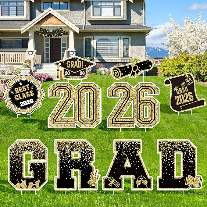 2026 Graduation Decorations Yard Signs – 10PCS Black and Gold Congrats Grad Lawn Decorations wi... | Amazon (US)