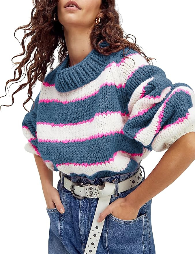 Yeokou Women Stripe Pullover Sweater Turtleneck Ribbed Knit Top Casual Fall Winter Chunky Knitwea... | Amazon (US)