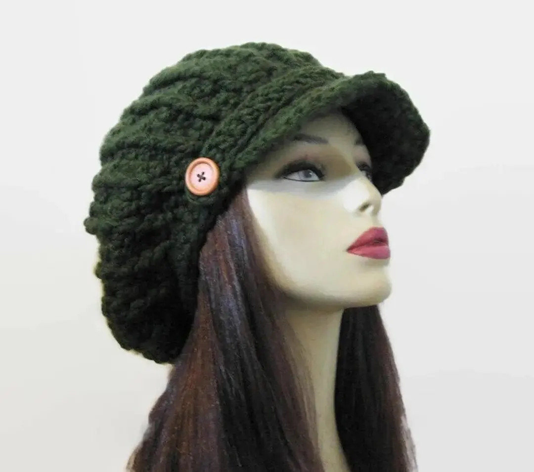 Green Slouch Crochet Newsboy Hat with buttons Dreadlocks Hat with visor Dark Green knit Hat with ... | Etsy (US)