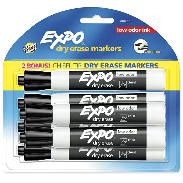 Expo Low Odor Dry Erase Markers, Chisel Tip, Black, Includes 2 Bonus Markers, 6 Count | Walmart (US)