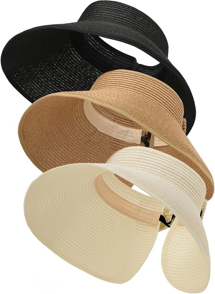 Women Sun Visor Fordable Wide Brim Summer Straw Hat Roll up Adjustable Beach Hat with Bowtie | Amazon (US)
