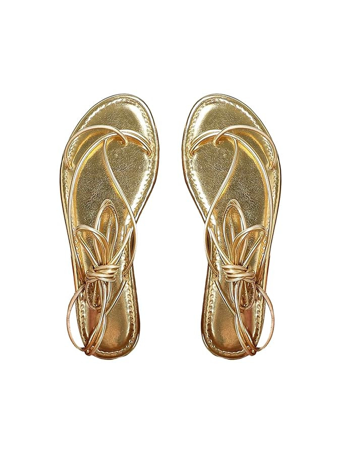 GORGLITTER Women's Gold Metallic Lace Up Sandals Strappy Open Toe Thong Tie Up Slides | Amazon (US)