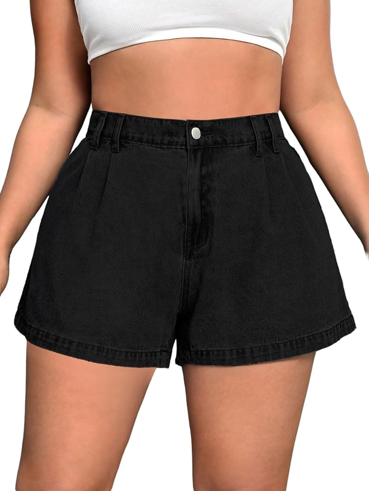 WDIRARA Women's Plus Size High Waist Pleated Wide Leg Jeans Denim Shorts with Pockets | Amazon (US)
