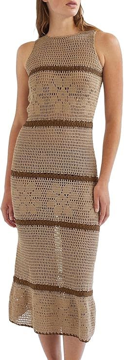 Saodimallsu Womens Crochet Midi Tank Dress Summer Beach Striped Mesh Crewneck Sleeveless Dresses ... | Amazon (US)