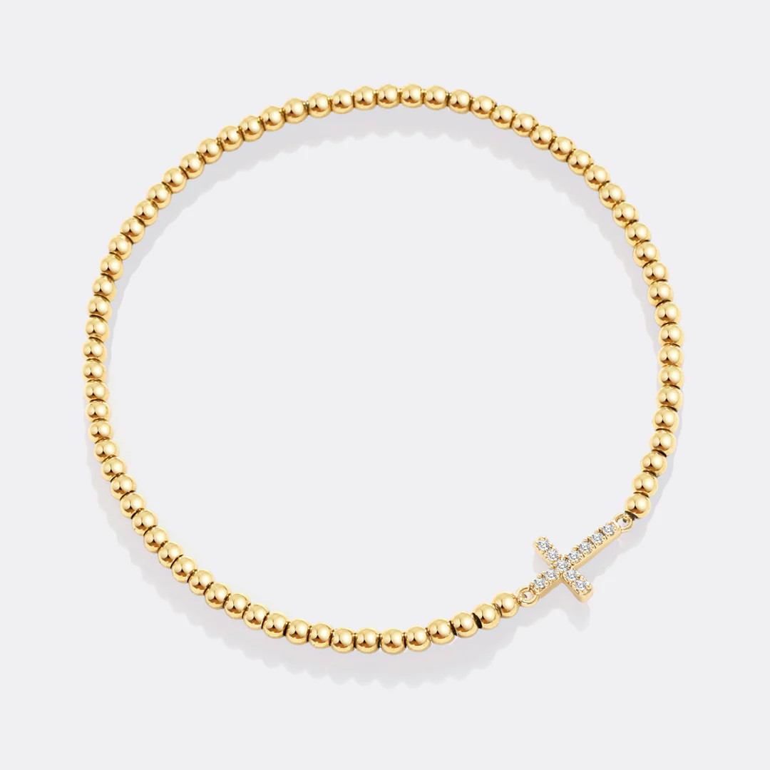 Gold Beaded Cross Stretch Bracelet | Mint & Lily