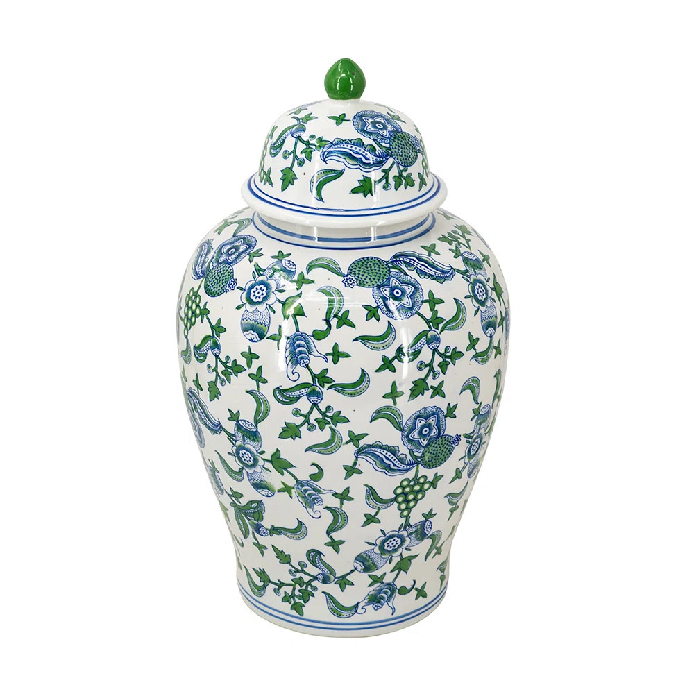 Decorative Porcelain Ginger Jar with Cherry Blossom Patterns - 13.5"Dia. x 23" - Blue/Green/White | Wayfair North America