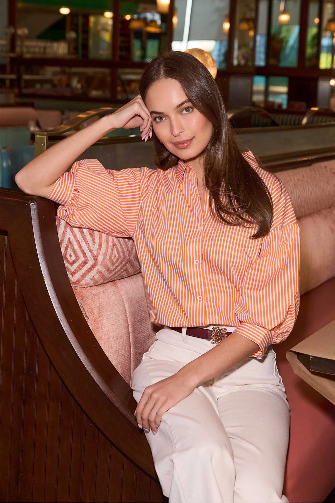 Susan Orange Striped Puff Sleeve Top | Avara