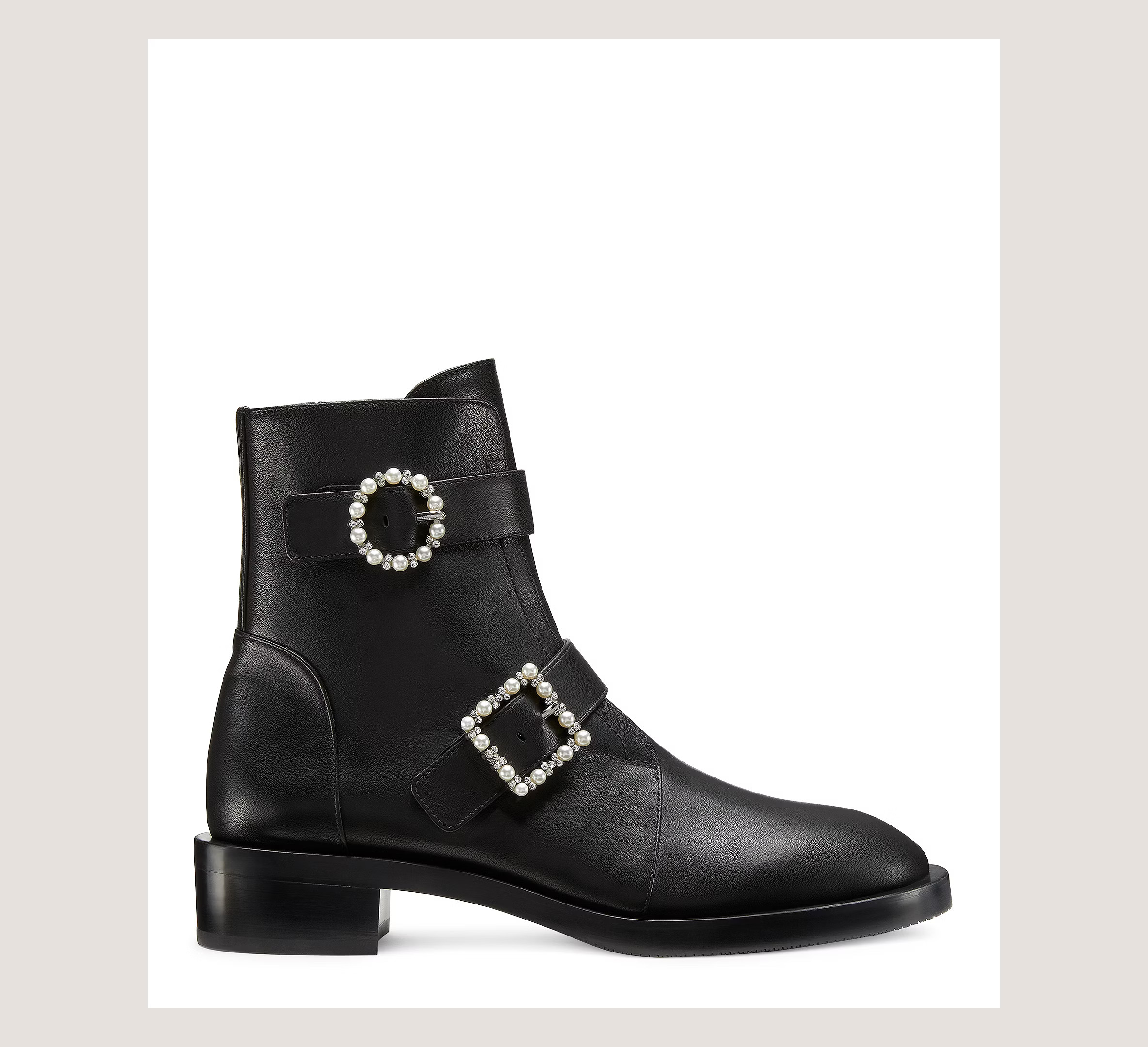 Stuart Weitzman Ryder Pearl Geo Buckle Booties, Black Leather, Size: 6.5 Medium | Stuart Weitzman (US)