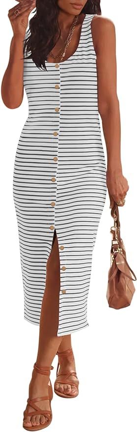MEROKEETY Women's Summer Sleeveless Striped T Shirt Tank Midi Dress Casual Scoop Neck Bodycon Dre... | Amazon (US)