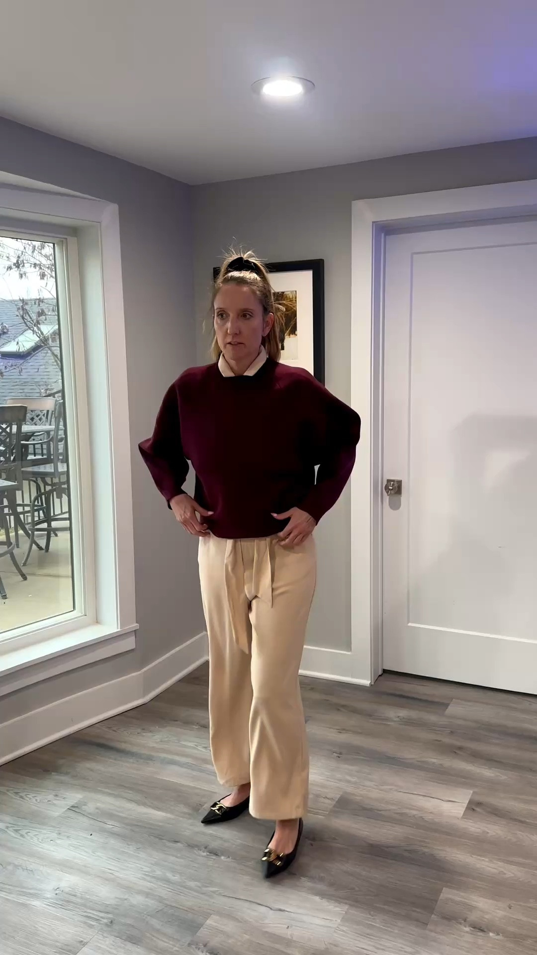 🎀🍷 Transforming a sleek tan jumpsuit with a cozy burgundy layer is my favorite way to stay comfortable while looking completely pulled together. Check out the link in my bio to shop this look and refresh your seasonal rotation! 🌟

My Layered Luxe Style Breakdown
• The Base: I’m wearing a structured tan jumpsuit featuring a tied waist and straight-leg silhouette.
• The Layer: I’ve added a cropped, oversized burgundy crewneck sweater (or jumper) to create a layered effect that adds warmth and visual interest.
• The Footwear: I finished the look with black pointed-toe flats featuring gold buckle accents, maintaining a streamlined and professional aesthetic.
• The Details: My hair is pulled back into a high ponytail with a black scrunchie, keeping the overall vibe clean and focused on the rich colors of the outfit.
• The Vibe: This ensemble is the definition of "smart-casual"—it’s functional for a full day of work or travel but feels high-end thanks to the thoughtful color palette.

Tan jumpsuit, burgundy cropped sweater, wine colored jumper, tied waist jumpsuit, black pointed flats, gold buckle shoes, layered workwear, professional casual outfit, transitional fall fashion, neutral and wine tones, LTKstyle @VICI 

#LTKOver40 #LTKSeasonal #LTKootd