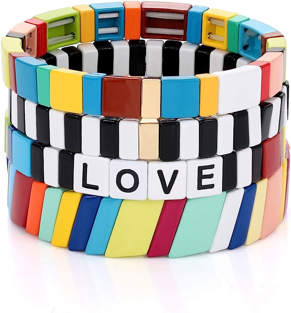 HZEYN Enamel Tile Bracelet Stackable Rainbow Tile Bead Love Stretchy Bracelet Colorblock Enamel Brit | Amazon (US)