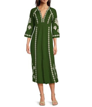 Jude Connally Clementine Embroidered Linen Split V-Neck 3/4 Sleeve Dress | Dillard's | Dillard's