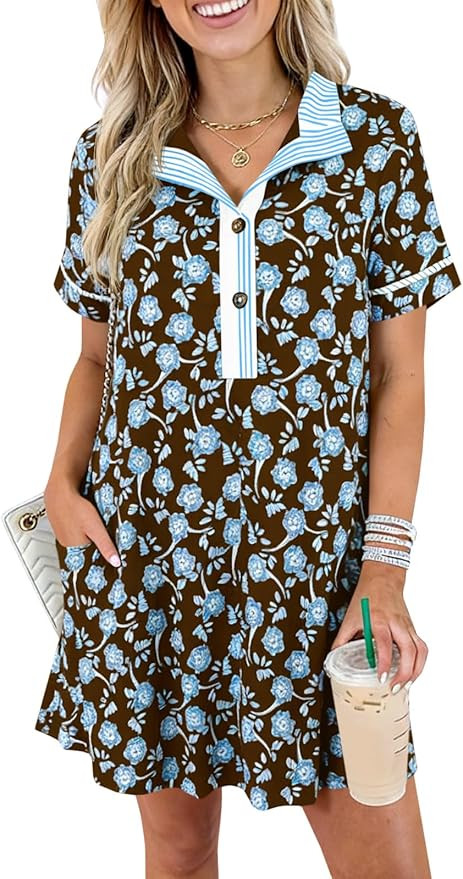 Wenrine Womens Floral Mini Dress Casual Short Sleeve Collared Button Down Summer Beach Vacation D... | Amazon (US)