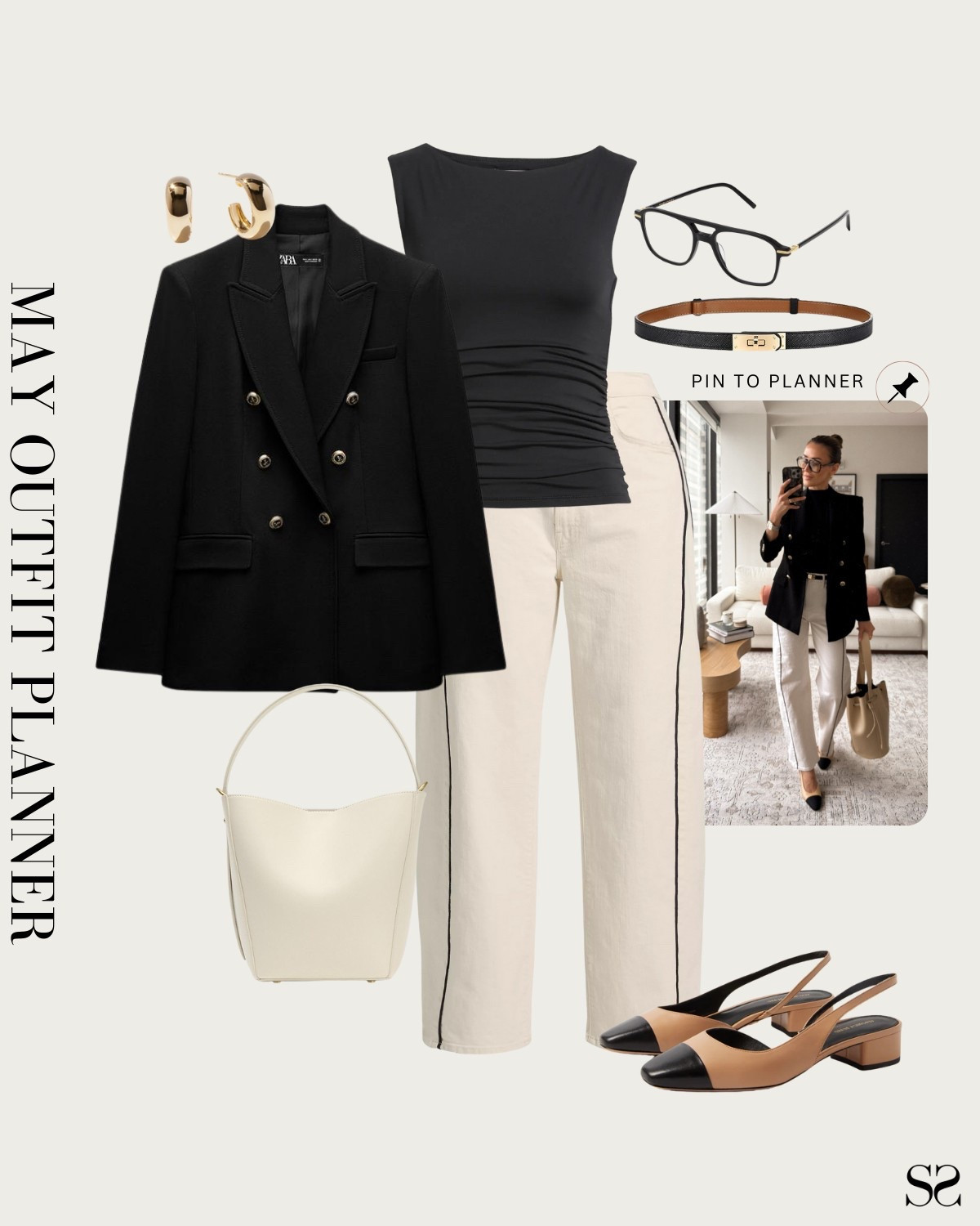 Monthly outfit planner MAY: Spring looks, pin to planner outfit inspo | pipe jean, oversized blazer, ruched tank, two tone sling back heels, wear to work 

#workwear #springoutfit 

Image credit: @Karinastylediaries

#LTKWorkwear #LTKStyleTip