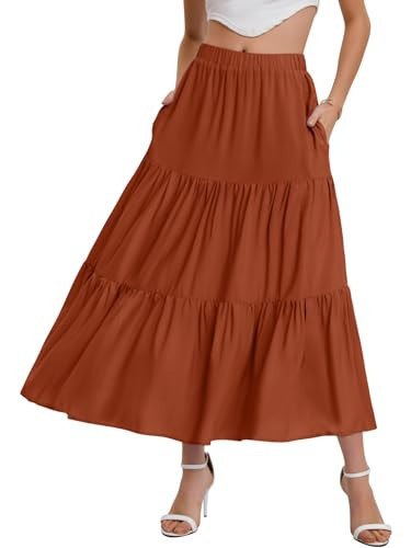 Bloggerlove Women's Maxi Skirts Boho High Waist Long Flowy Pleated A-Line Tiered Beach Skirt with Pockets Brown Maroon M | Amazon (US)