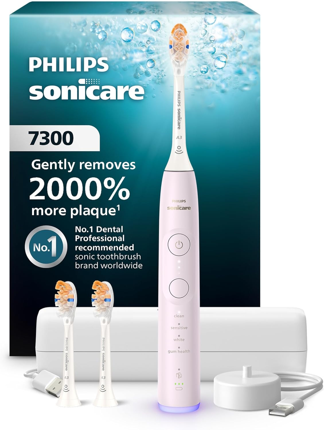Philips Sonicare 7300 Rechargeable Electric Toothbrush, 3 Brush Head, Pink | Amazon (US)