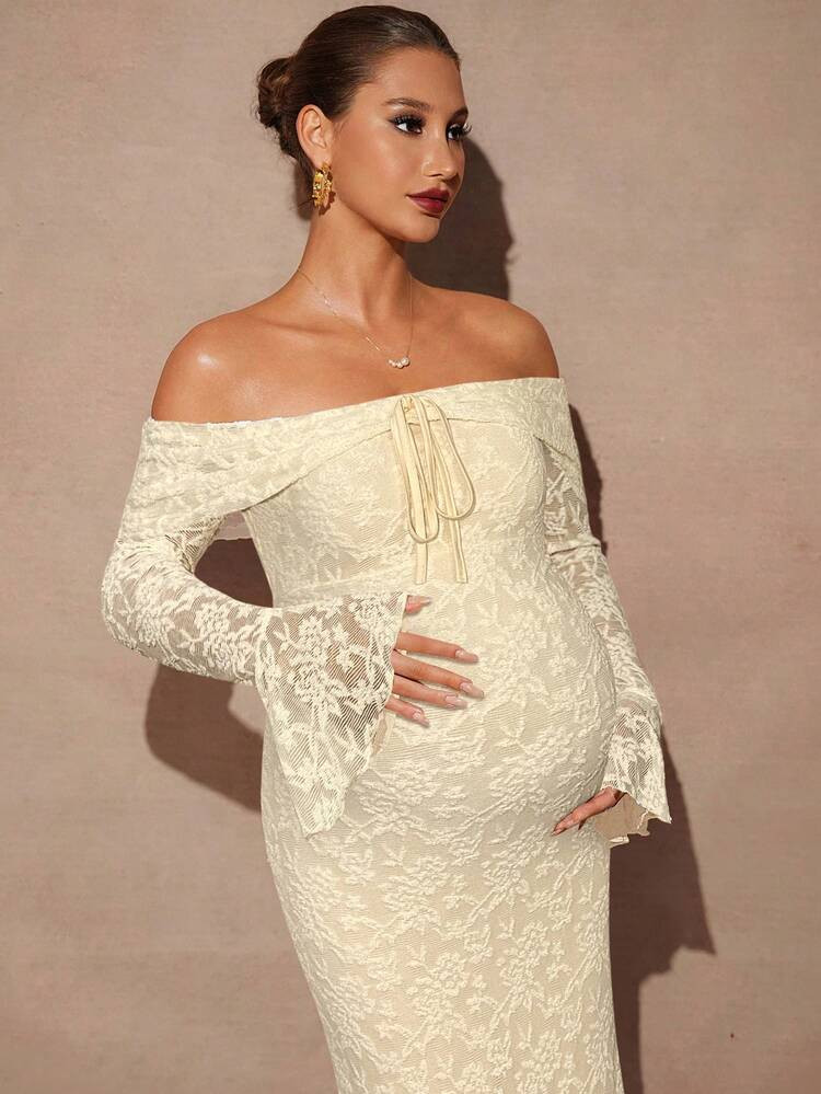 MaterniChic Elegant Party Solid Color Off Shoulder Lace Flare Sleeve Maternity Dress | SHEIN