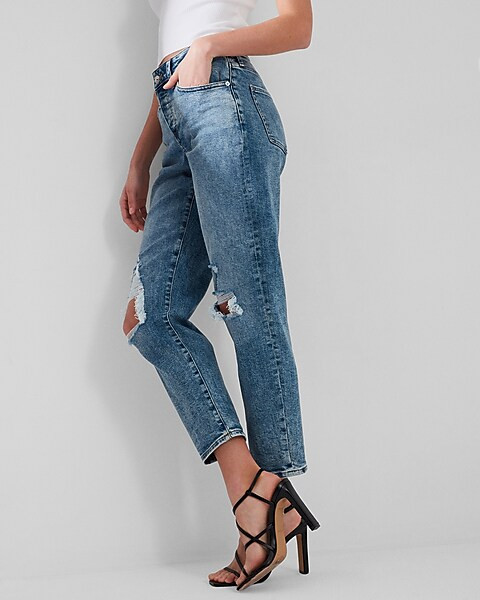 Mid Rise Medium Wash Ripped Boyfriend Jeans | Express