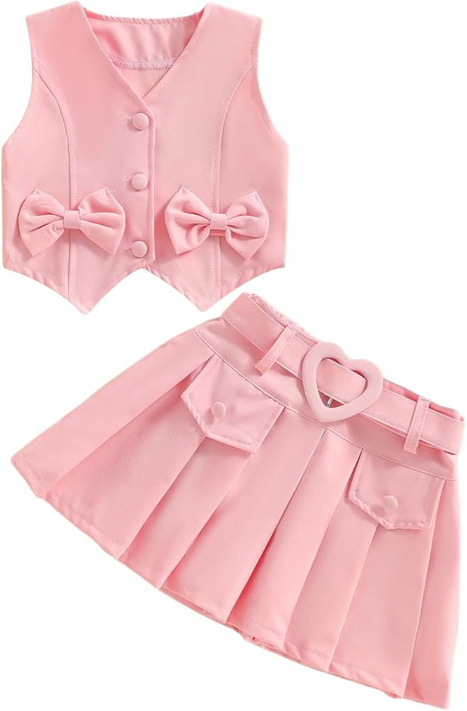 Kids Girls Summer 2 Piece Outfits Solid Color Sleeveless Button Vest Tank Tops+Pleated Skirt with... | Amazon (US)