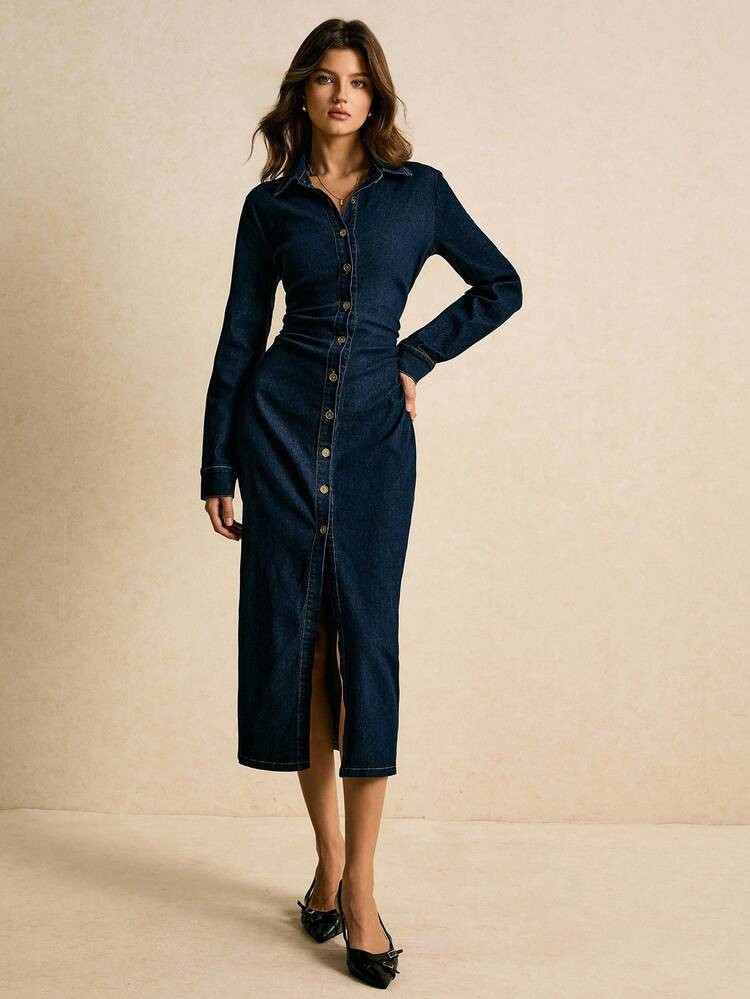 Poéselle Women's Autumn Long Sleeve Pleated Single-Breasted Casual Denim Shirt Dress Denim Midi ... | SHEIN