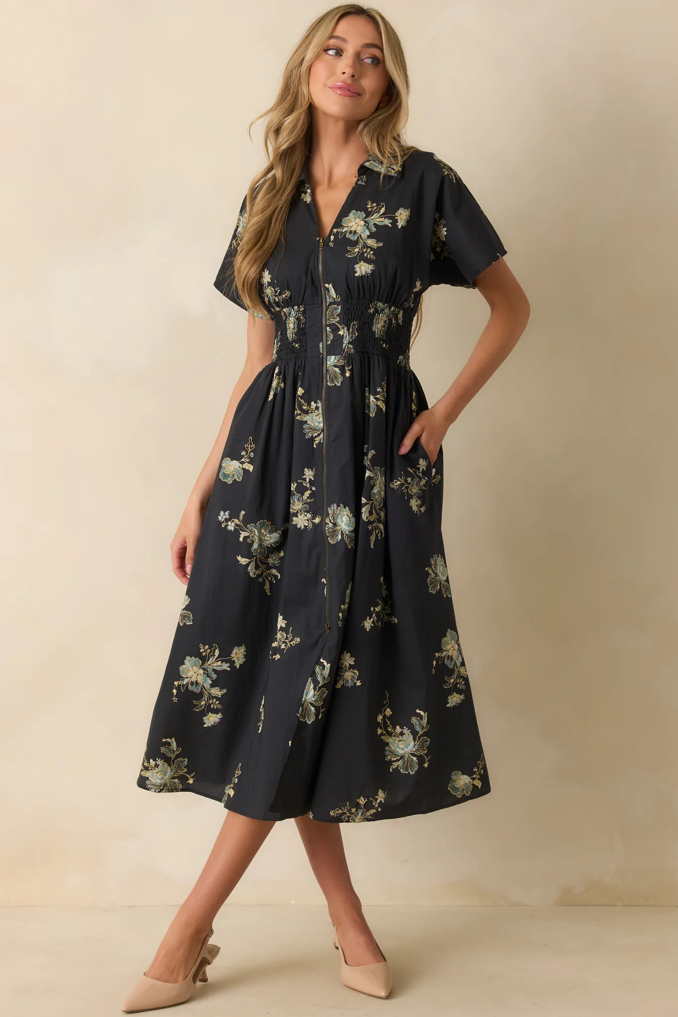 Always Welcome Navy Multi Floral Print Cotton Smocked Waist Midi Dress | Red Dress