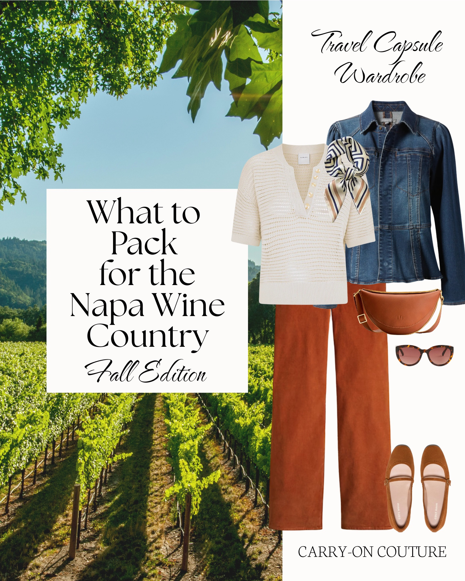 What to Pack for a Napa Fall Getaway 

Sunny vineyard afternoons, crisp mornings, and evenings that call for layers!  This capsule was created with Napa in mind - golden-hour tastings, strolls through charming towns, and al fresco dinners under string lights. 

Not heading to Napa?  This capsule is perfect for early-fall trips to European cities, coastal escapes, or countryside getaways where days are warm, nights turn cool, and layering is key.  Here’s your packing list for a fall wine country getaway:
➡️ 3 Tops: striped tee, lightweight knit, soft short-sleeve sweater
➡️ 3 Bottoms: navy skirt, rust trouser, off-white denim
➡️ 1 Dress: easy day-to-night option
➡️ 2 Outer Layers: navy cardigan and peplum denim jacket
➡️ 2 Shoes: lifestyle sneaker, dressy flats
➡️ Accessories: raffia hat, sunglasses, silk scarf, crossbody bag

Every item layers easily and mixes-and-matches to create more than 10 outfit combinations, and the best part… it all fits in your carry-on suitcase!
#traveloutfits

#LTKTravel #LTKOver40