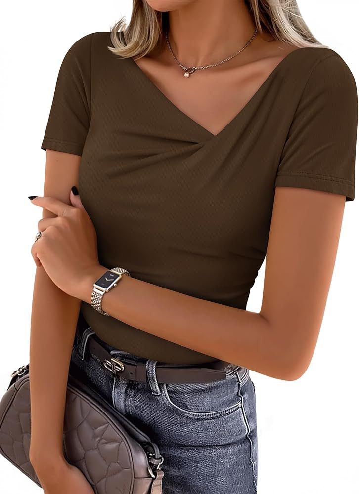 ZESICA Womens Summer Asymmetrical T Shirts Ruched Fitted Short Sleeve Y2K Going Out Tops 2026 Spr... | Amazon (US)