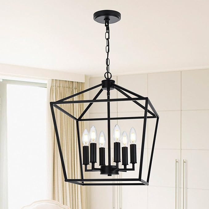 MELUCEE 6-Light Black Farmhouse Chandelier 16 Inches Cage Hanging Lights Rustic Lantern Pendant L... | Amazon (US)