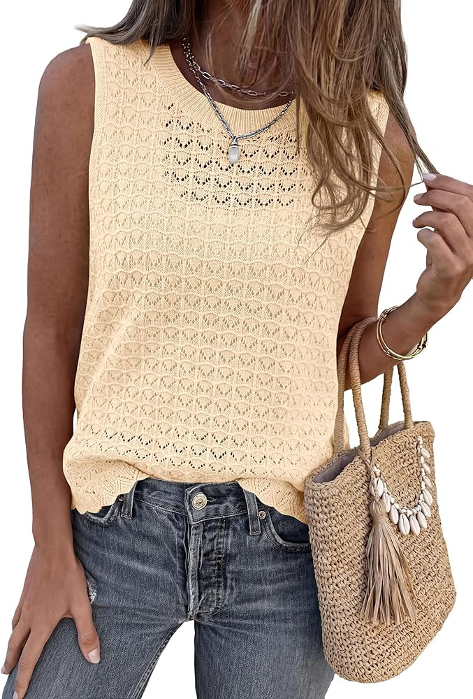 KIRUNDO Crochet Tops for Women 2026 Spring Summer Sleeveless Sweater Vest Tank Top Knit Pullover ... | Amazon (US)
