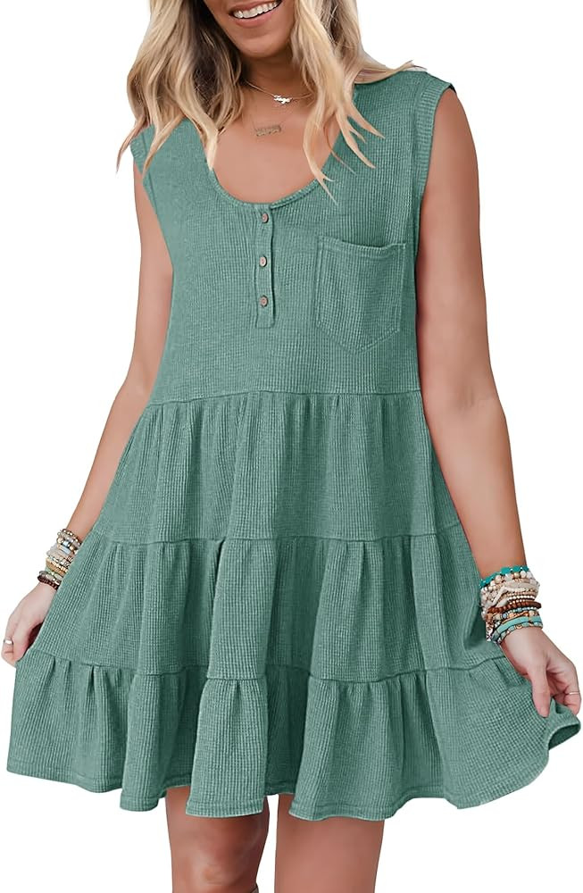 Ferlema Women's Summer Dresses 2024 Sleeveless Crew Neck Button Down Pleated Flowy Loose Swing Ba... | Amazon (US)