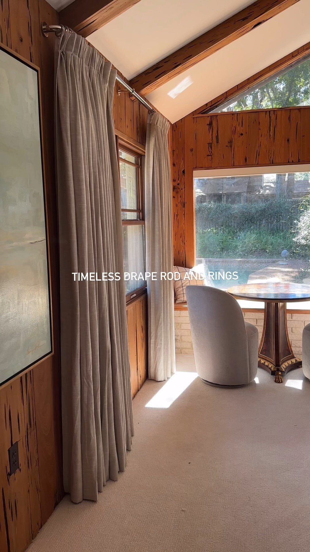 french return drape rod with classic rings (remove clips) | rejuvenation Stanton drape rod | comes in multiple finishes, but I went with polished nickel — it is the most classic finish and compliments the wood wall detailing | friendly reminder to stay away from chrome or anything *brushed* | window treatments | custom drapes | window coverings | home decor inspiration | home decorating 

my exact rod order details for this window:
1 1/4” rod
polished nickel
44-88” width 
6 sets of drape rings 

#LTKHome