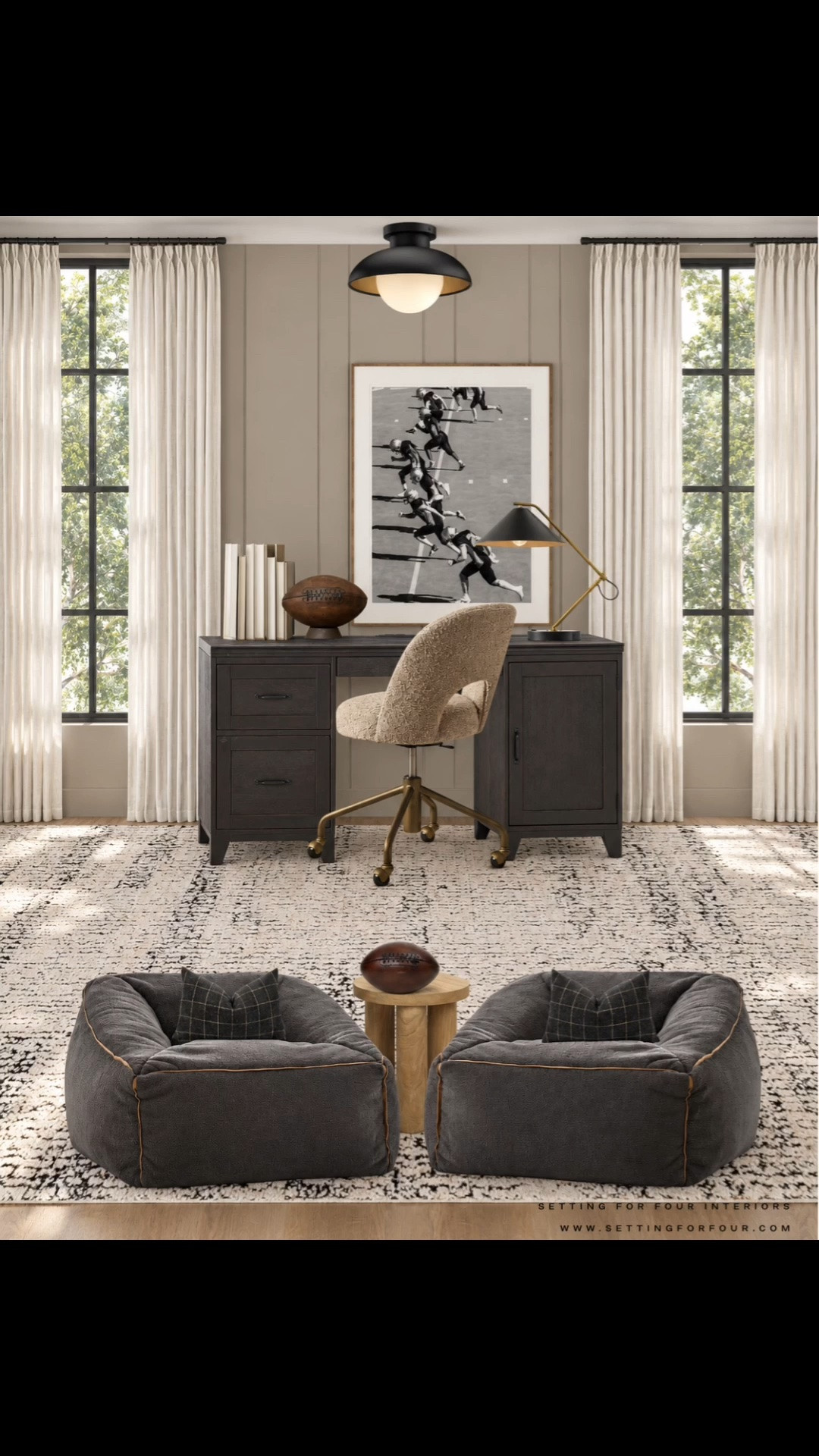 Stylish boys bedroom with football accents, desk and lounge area-  mood board design and decor ideas. Neutral aesthetic, teen bedroom, kids room, flush mount light, black, brown, beige and white, comforter, bedding, desk, desk chair, desk lamp, boys bed, wood bed, homework area, study zone, nightstands, lounge chair, end table, table lamps, boy, teenager, wall art, organic modern, minimalist, transitional, Pottery Barn style, Crate & Barrel, Amazon home.

#LTKSaleAlert #LTKHome #LTKKids