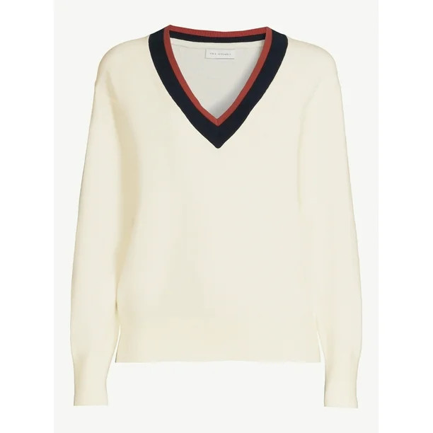 Free Assembly Women’s Contrast V-Neck Sweater with Long Sleeves, Midweight, Sizes XS-XXL | Walmart (US)
