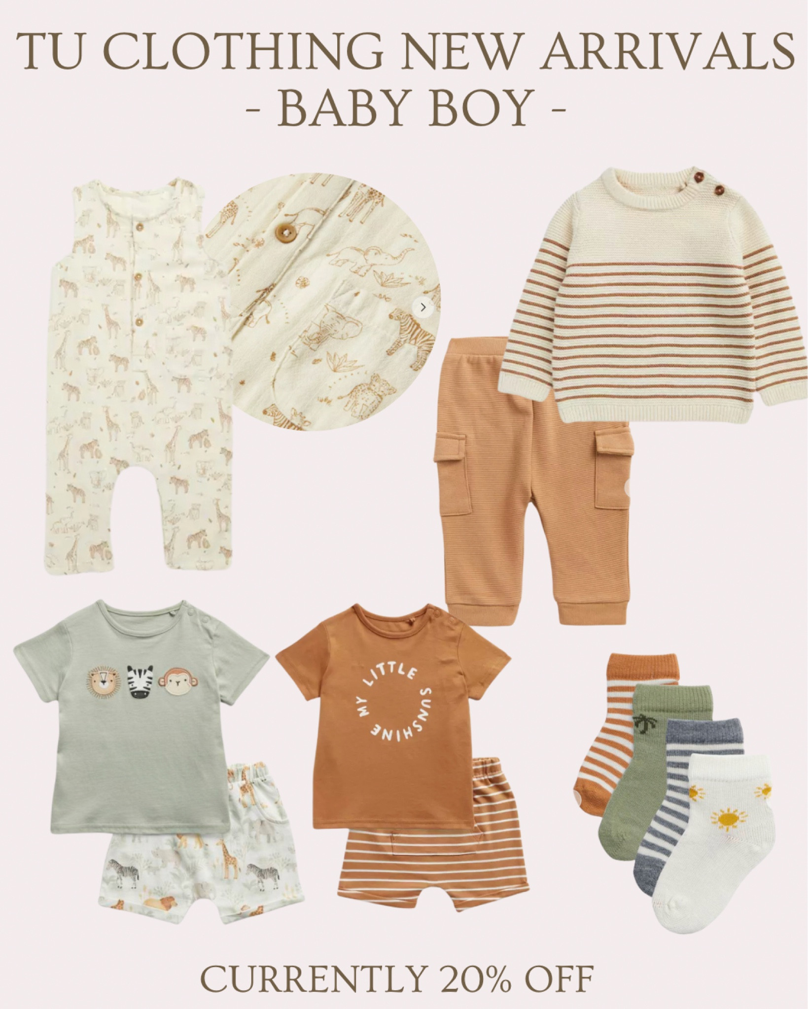 20% off new adorable arrivals at TU Clothing 
.
Neutral baby boy outfits - earth tones - neutral baby clothes - sage green - brown beige - baby socks - on sale - spring summer baby boy clothes - holiday outfits - vacation clothes - holiday packing list - shorts and T-shirt / affordable baby clothes 

#LTKtravel #LTKbaby #LTKfindsunder50