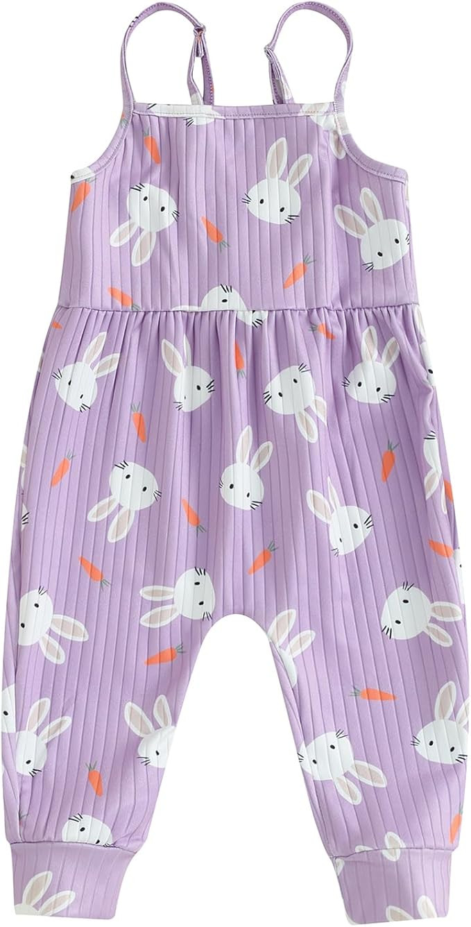 YOKJZJD Toddler Baby Girl Easter Outfit Bunny Sleeveless Romper Jumpsuit Suspender Overalls Pants | Amazon (US)