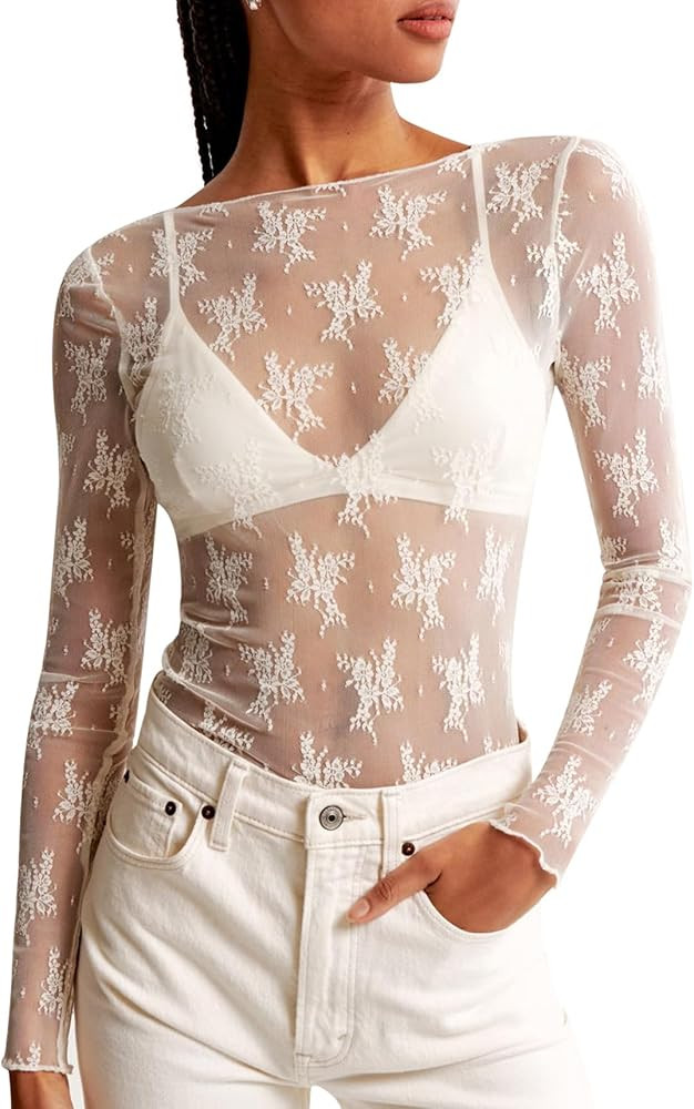 KTILG Womens Lace Long Sleeve Boat Neck Tops Embroidery Sheer Blouse Sexy See Through Shirt Mesh ... | Amazon (US)