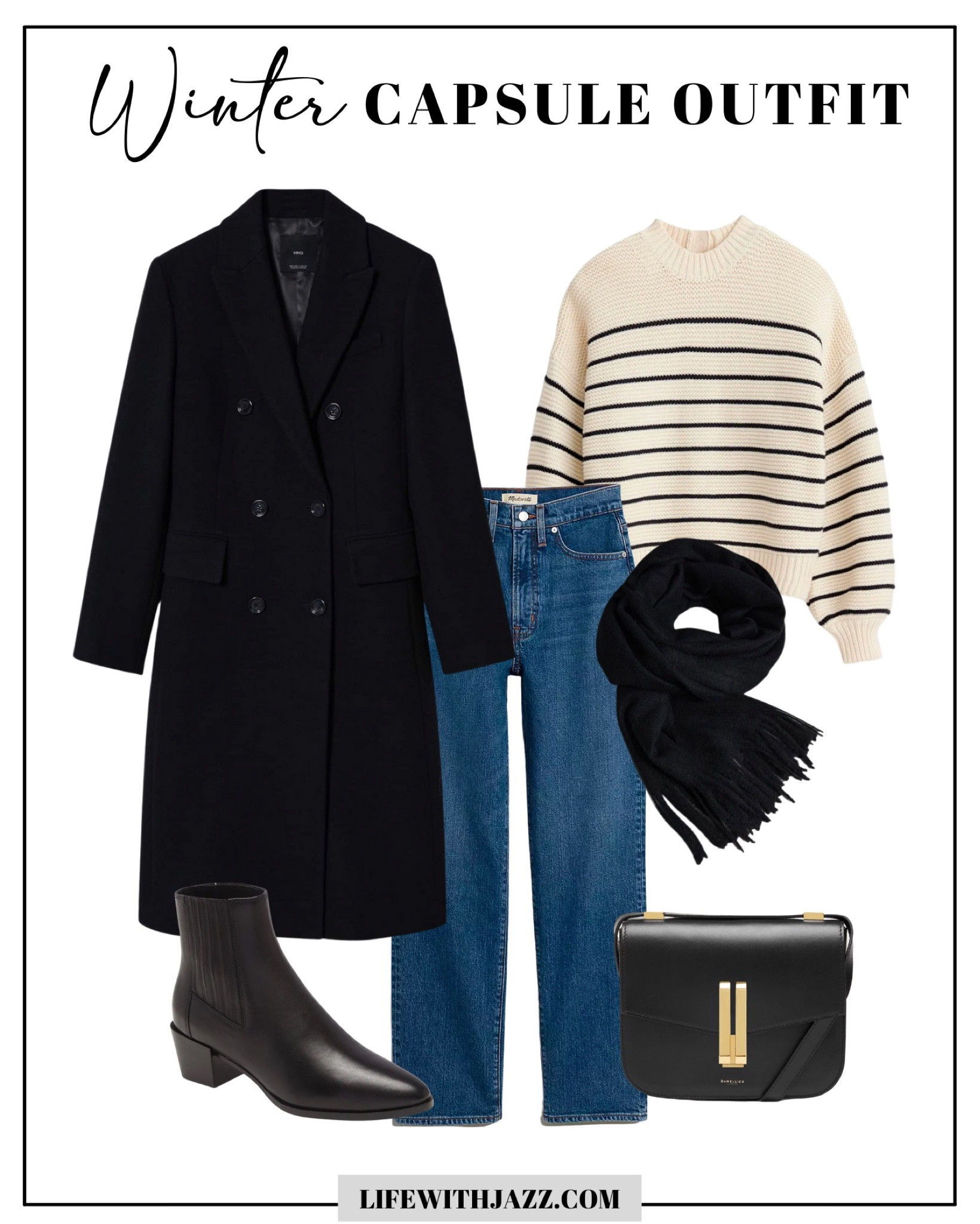 Winter capsule outfit 

Long wool winter coat xs 
Striped sweater xs
Soft scarf 
Leather tote 
Chelsea booties 

Capsule wardrobe / minimalist 

#LTKunder100 #LTKworkwear #LTKtravel