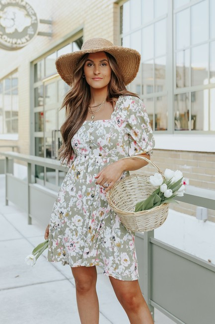 Square Neck Button Detail Olive Floral Dress | Magnolia Boutique