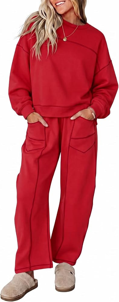 Fisoew Womens 2 Piece Lounge Sets Long Sleeve Tops Wide Leg Pants 2026 Fall | Amazon (US)