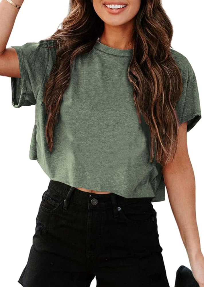 UNCLECAT Women's Cropped T Shirts Trendy Short Sleeve Crew Neck Crop Tops Solid Basic Tee | Amazon (US)