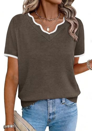 Short Sleeve Sweater for Women Business Casual Outfits for Women V Neck Lightweight Sweaters Short Sleeve Work Tops Coffee M | Amazon (US)
