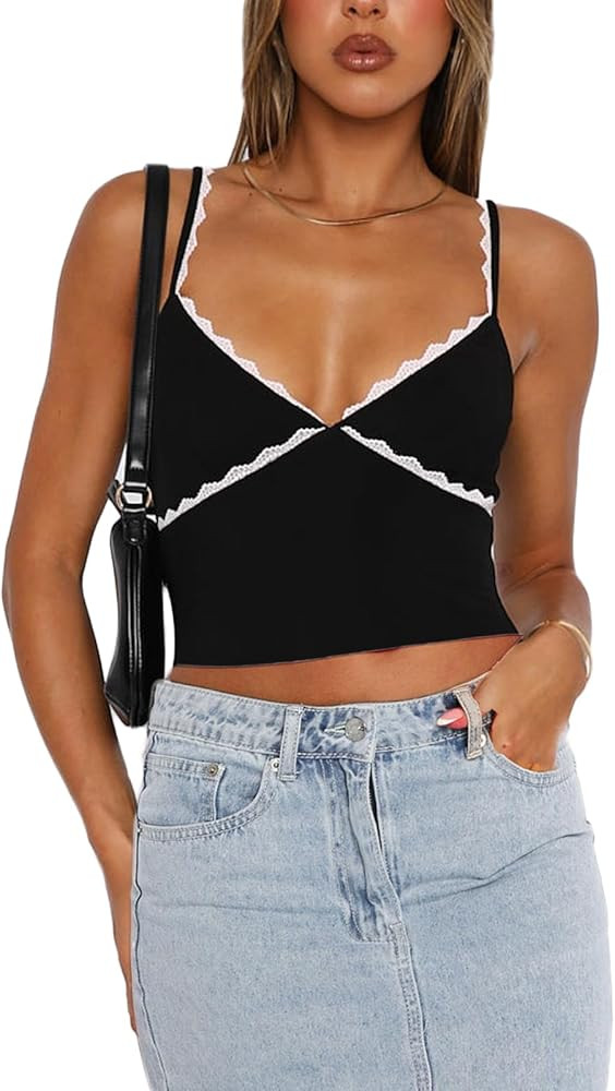 Women Y2k Sleeveless Halterneck Crop Top Lace Patchwork Backless Slim Fit Going Out Tank Top | Amazon (US)