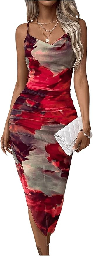 SOLY HUX Women's Tie Dye Cowl Neck Split Hem Bodycon Cami Dress Backless Long Dresses | Amazon (US)
