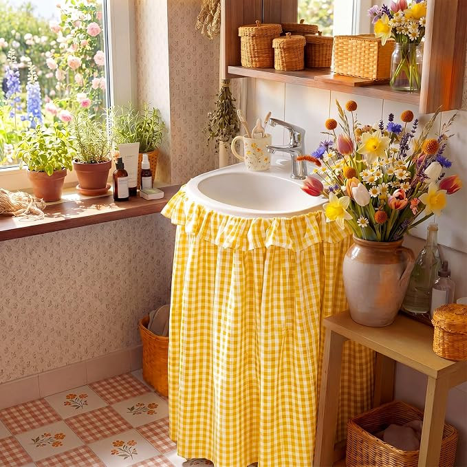 Yellow Ruffle Gingham Sink Skirt Self-Adhesive Bathroom Stitch Self Stick Adhesive Fabric Under S... | Amazon (US)