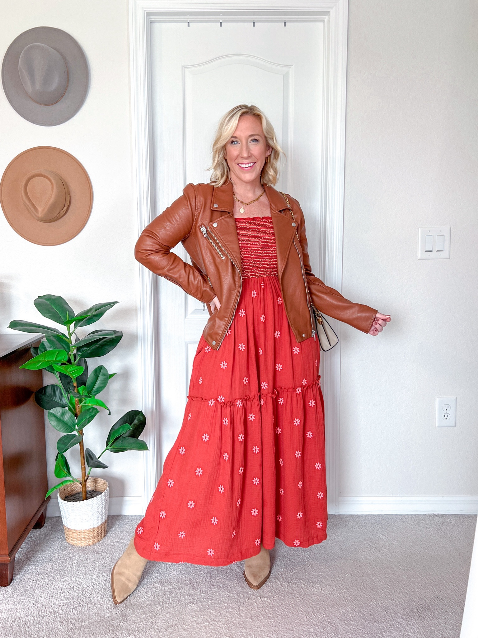 • dress - size medium. 
• leather jacket - size medium.
• fleece lined tights (added after picture) - size medium, pack of 2.
• boots - linked similar as mine are old. 

#LTKSeasonal #LTKfindsunder50 #LTKstyletip