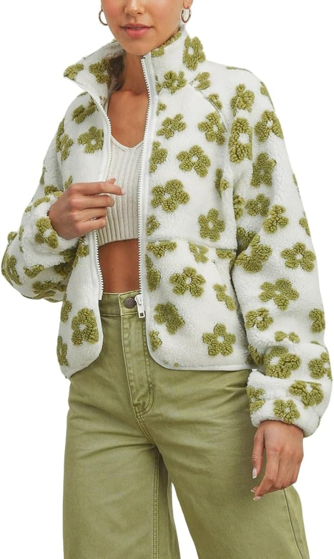 Womens Zipper Up Long Sleeve Flower Sherpa Fleece Jackets Cropped Coat Casual Winter Outwear with... | Amazon (US)